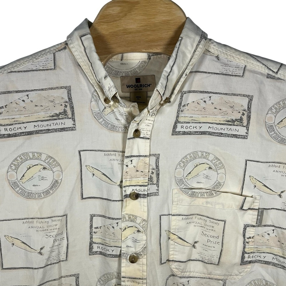 Woolrich Men XL Fish Theme Button Down Short Sleeve Shirt